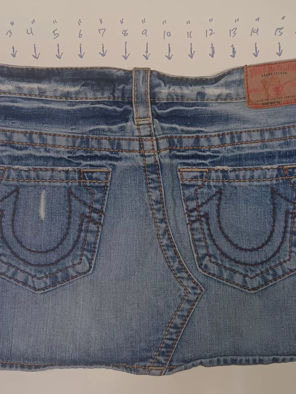 True Religion Women's Blue Denim Skirt with Signature Pocket Stitch